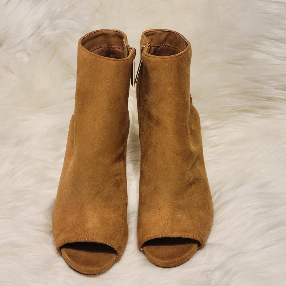 Olivia Jaymes Faux Suede Open Toe 5" Ankle Boots, Camel, Size 9